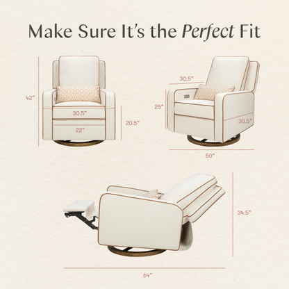Babyletto recliner dimensions diagram showing front side and reclined views with measurements