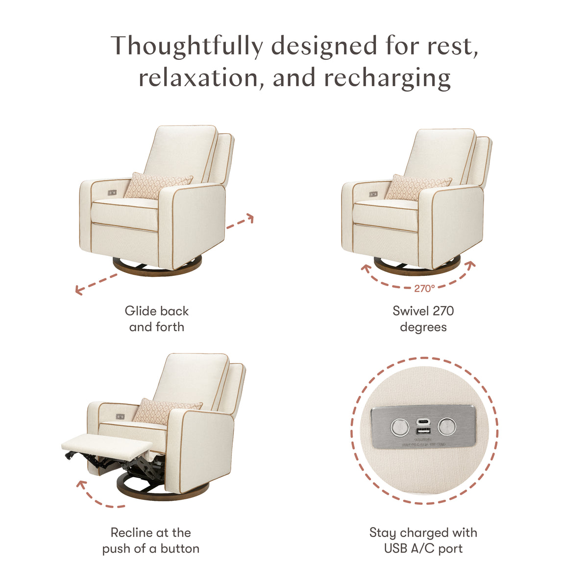 Babyletto recliner showing gliding, 270 degree swivel, power reclining, and built in USB A and C charging ports