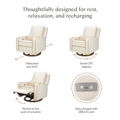 Babyletto recliner showing gliding, 270 degree swivel, power reclining, and built in USB A and C charging ports