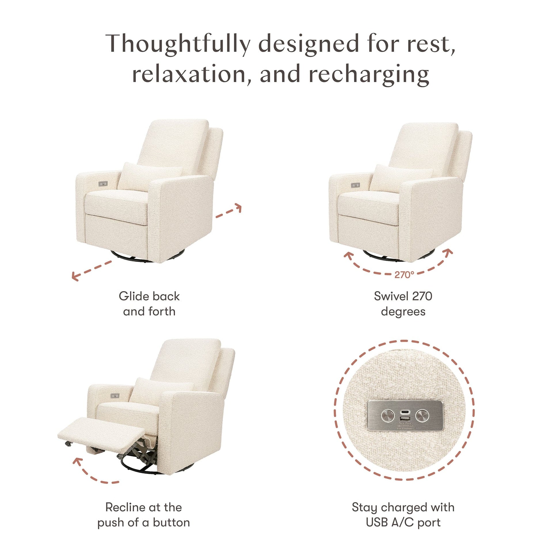 Babyletto Sigi Electronic Recliner and Swivel Glider w/ USB - Performance Ivory Boucle - M23085PWB