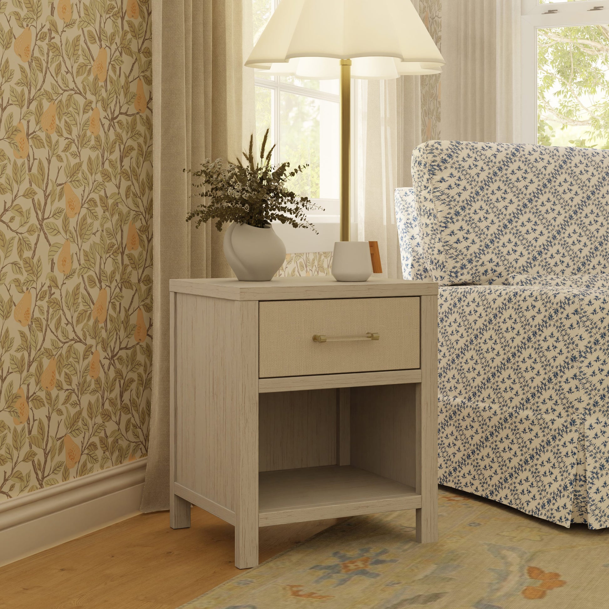 Namesake Eloise Assembled Nightstand - White Driftwood and Performance Pearl Eco-Weave