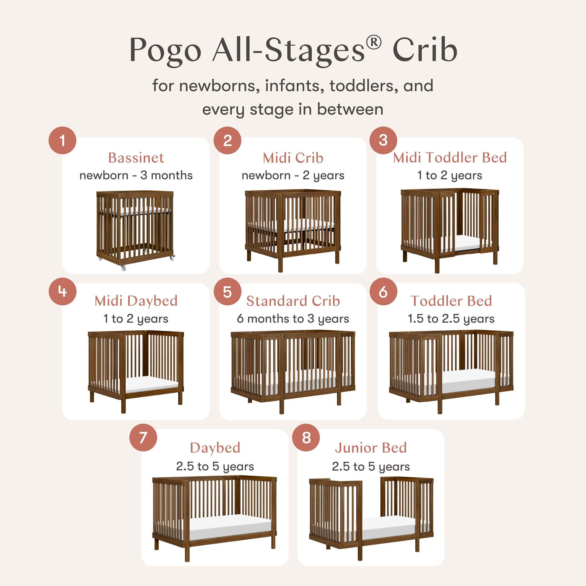 Babyletto Pogo 8-in-1 Convertible Crib w/All-Stages Conversion Kits - Natural Walnut - M29880NL