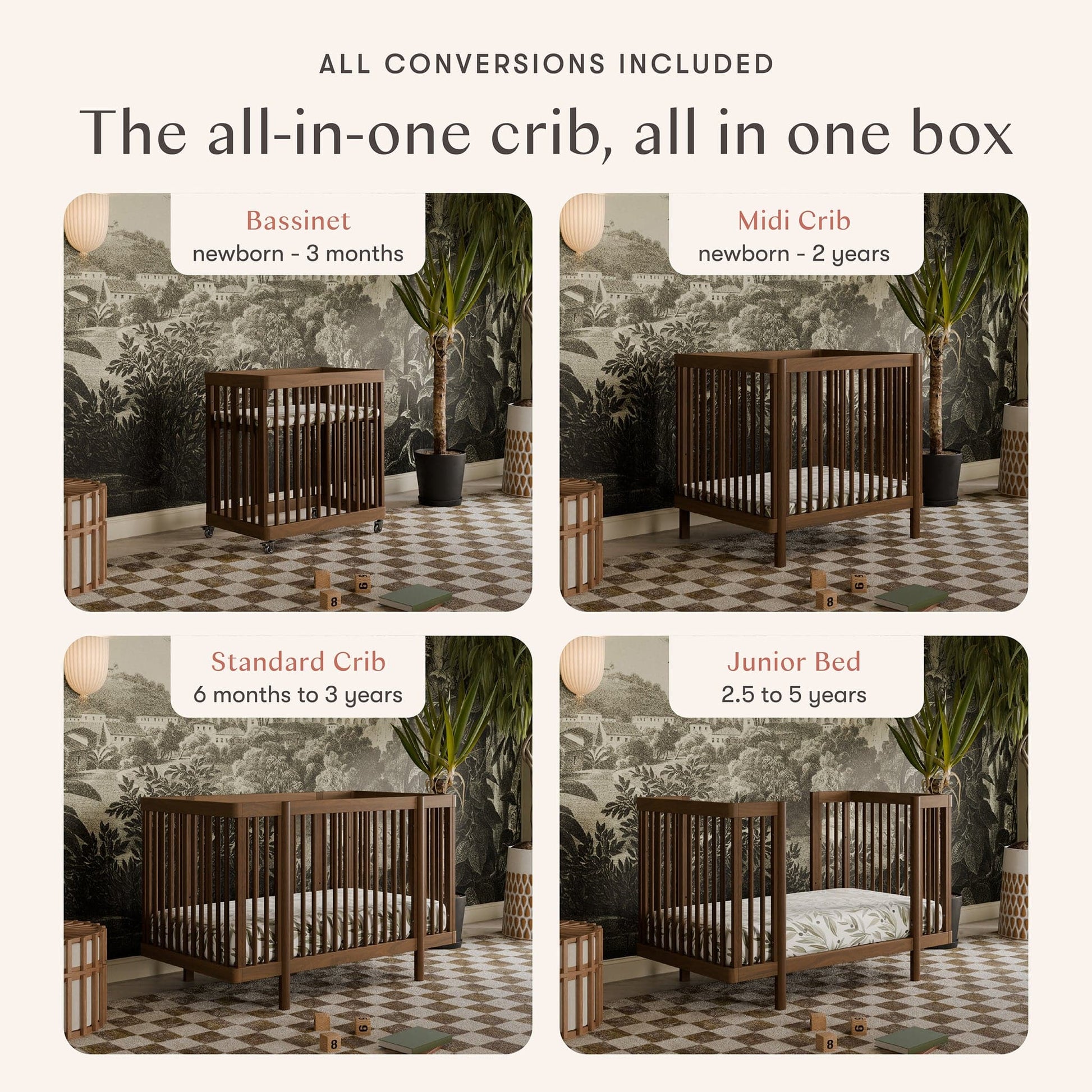 Babyletto Pogo 8-in-1 Convertible Crib w/All-Stages Conversion Kits - Natural Walnut - M29880NL