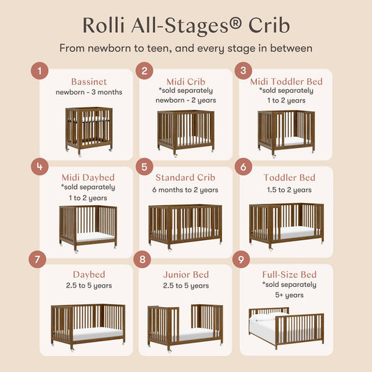 Babyletto Rolli 9-in-1 Convertible All-Stages Crib with Bassinet & Toddler Bed Conversion Kits - Natural Walnut - M30880NL