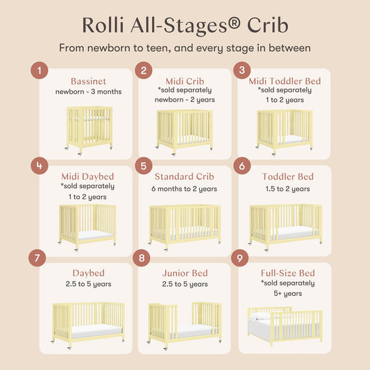 Babyletto Rolli 9-in-1 Convertible All-Stages Crib with Bassinet & Toddler Bed Conversion Kits - Pale Yellow - M30880PY