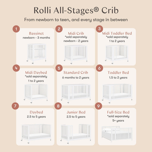 Babyletto Rolli 9-in-1 Convertible All-Stages Crib with Bassinet & Toddler Bed Conversion Kits - White - M30880W