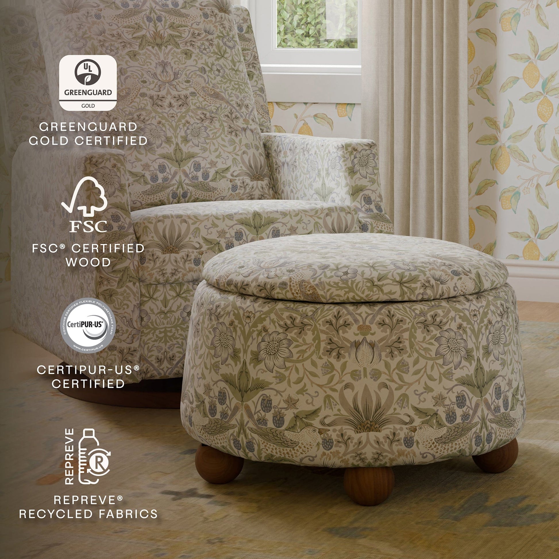 Morris & Co. x Namesake Tuffet Storage Ottoman - Strawberry Thief in Fig & Thyme - M30985TTFTDF