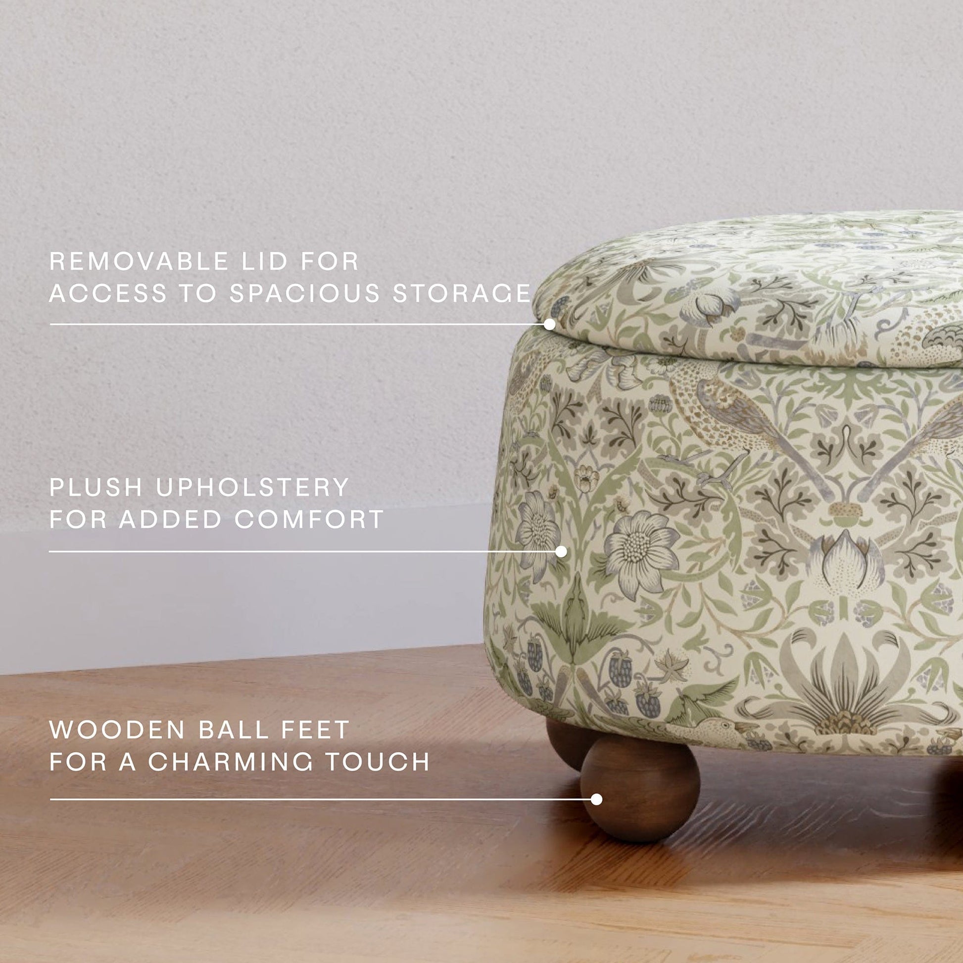 Morris & Co. x Namesake Tuffet Storage Ottoman - Strawberry Thief in Fig & Thyme - M30985TTFTDF