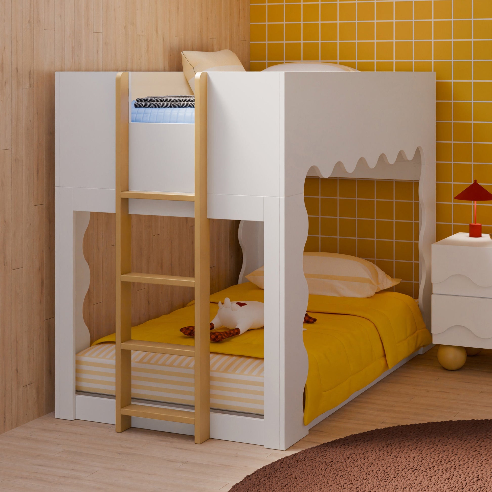 Babyletto Lido Wave Convertible Low-Profile Bunk Bed - White/Honey