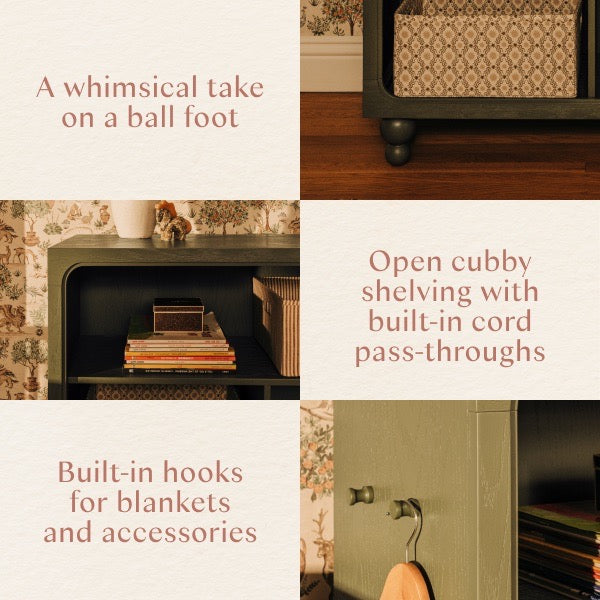 Babyletto furniture features ball feet, open cubby shelving with cord pass-throughs, and built-in storage hooks