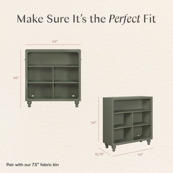 Babyletto bookcase dimensions showing 43 inch width 46 inch height and 15.75 inch depth