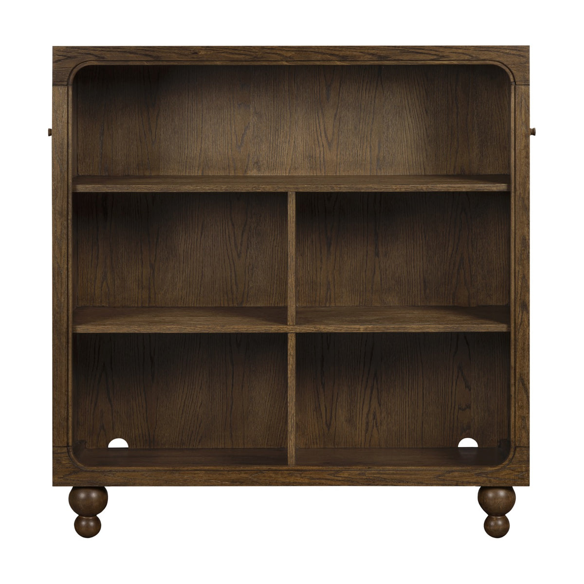 Babyletto dark wood bookcase with four storage compartments and rounded feet
