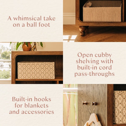 Babyletto furniture features ball feet, open shelving with cord pass-throughs, and built-in hooks for accessories