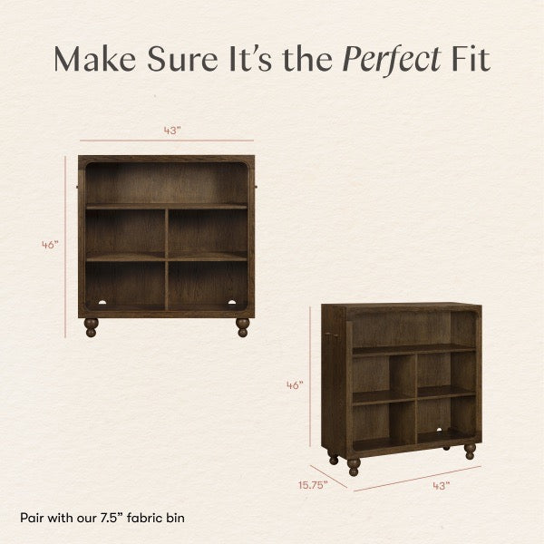 Babyletto bookcase dimensions showing 43 inch width 46 inch height and 15.75 inch depth