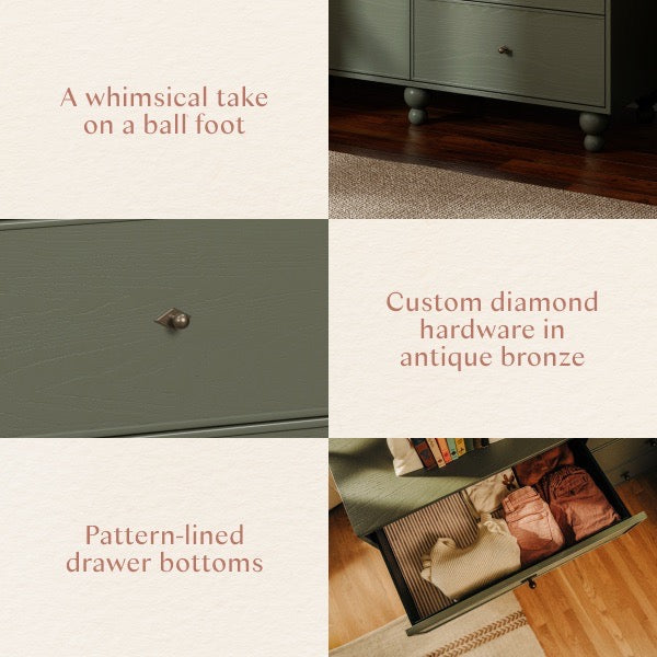 Babyletto dresser details showing ball feet, antique bronze diamond hardware, and striped drawer liners