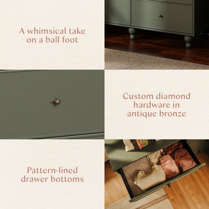 Babyletto dresser details showing ball feet, antique bronze diamond hardware, and striped drawer liners