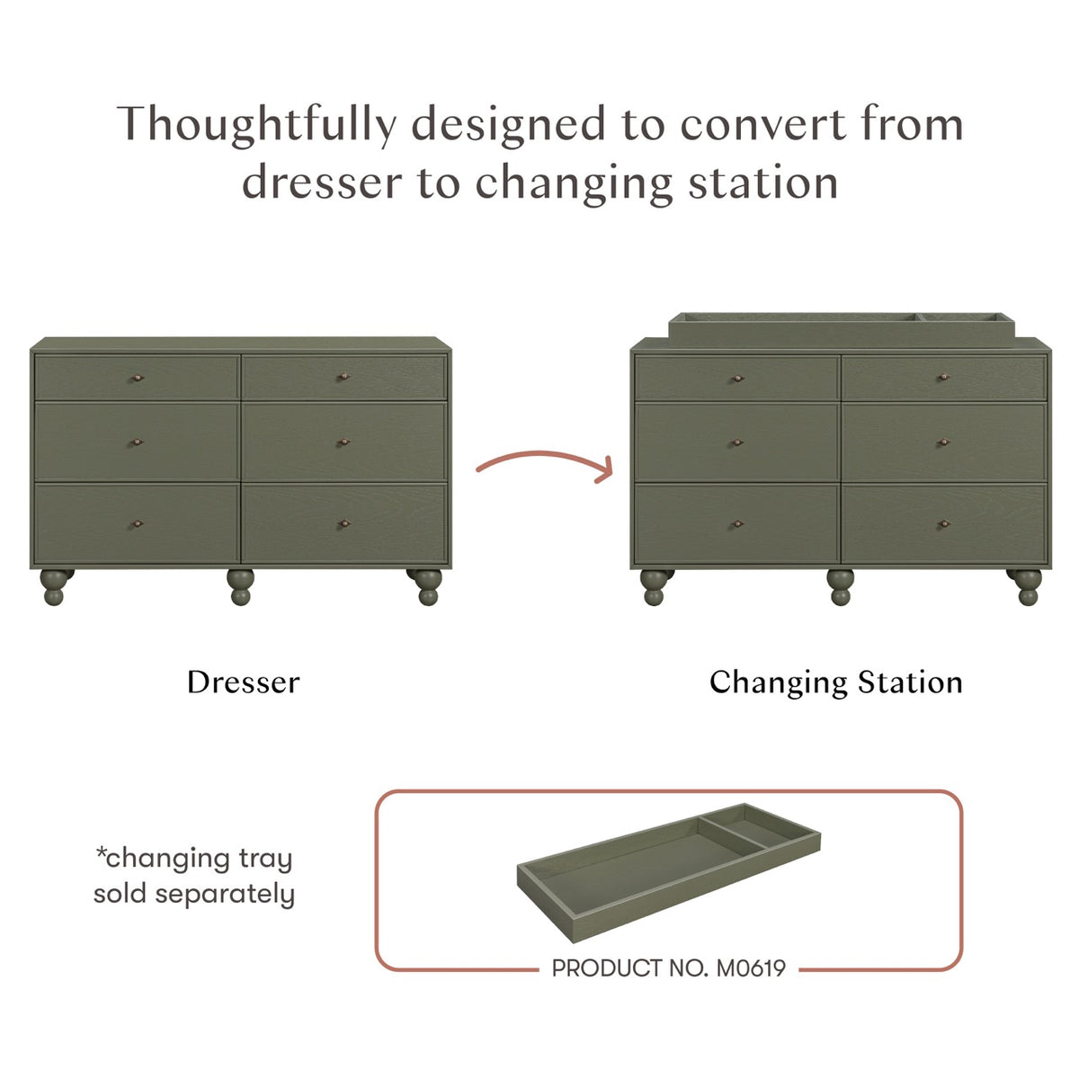 Babyletto dresser converting into a changing station with a separate changing tray
