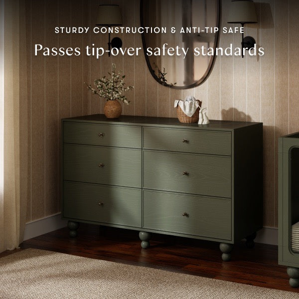 Babyletto six drawer dresser with sturdy construction and anti tip safety features