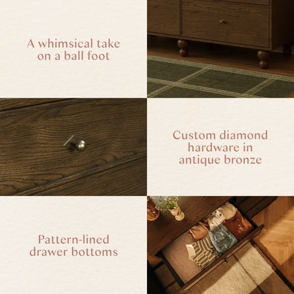 Babyletto dresser details showing ball feet, antique bronze diamond hardware, and patterned drawer liners