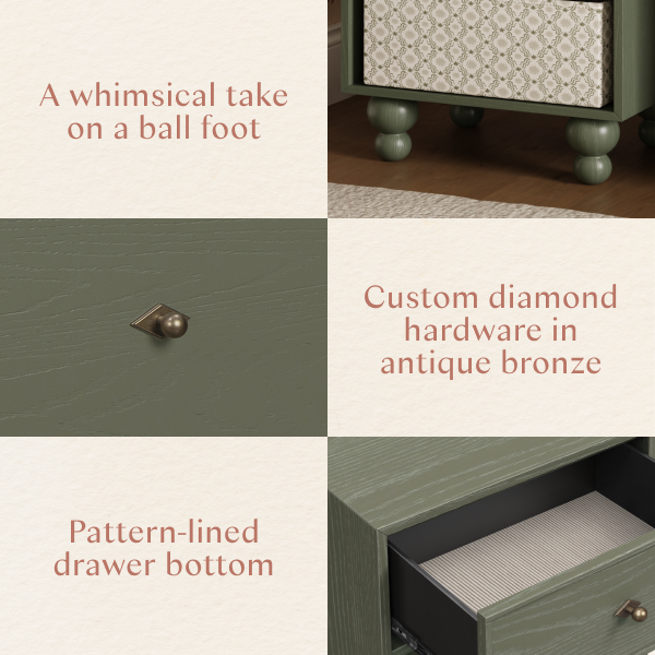 Babyletto dresser details showing ball feet, antique bronze diamond hardware, and patterned drawer interior