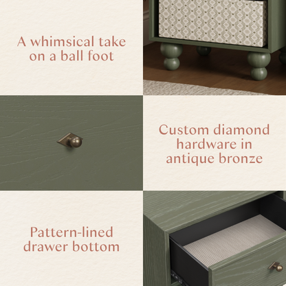 Babyletto dresser details showing ball feet, antique bronze diamond hardware, and patterned drawer interior