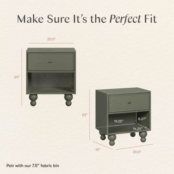 Babyletto nightstand dimensions diagram showing front and side views with measurements in inches
