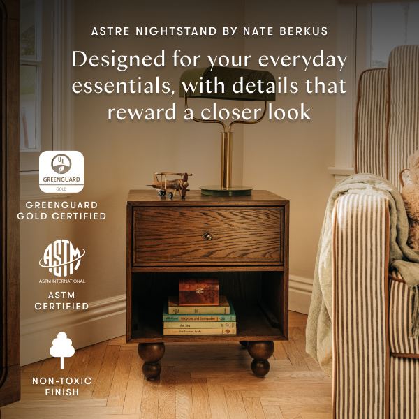 Babyletto Astre nightstand with Greenguard Gold and ASTM certification labels