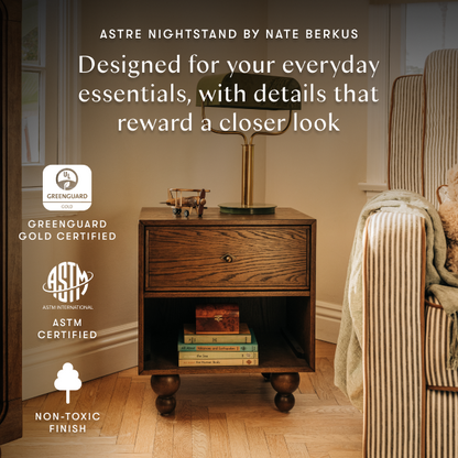 Babyletto Astre nightstand with Greenguard Gold and ASTM certification labels