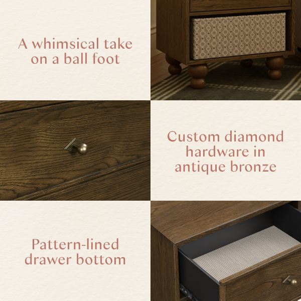 Babyletto dresser details showing ball feet, antique bronze diamond hardware, and patterned drawer lining