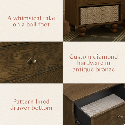 Babyletto dresser details showing ball feet, antique bronze diamond hardware, and patterned drawer lining