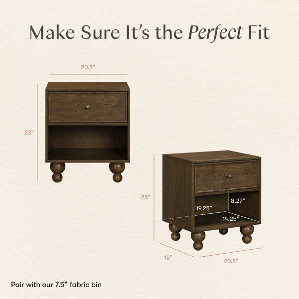 Babyletto nightstand dimension diagram showing height width and depth measurements