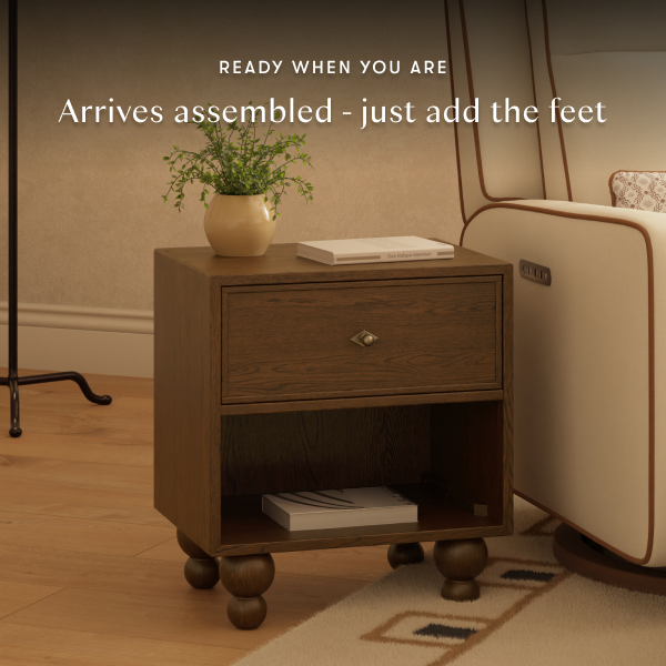 Babyletto wooden nightstand with one drawer and open shelf on round feet