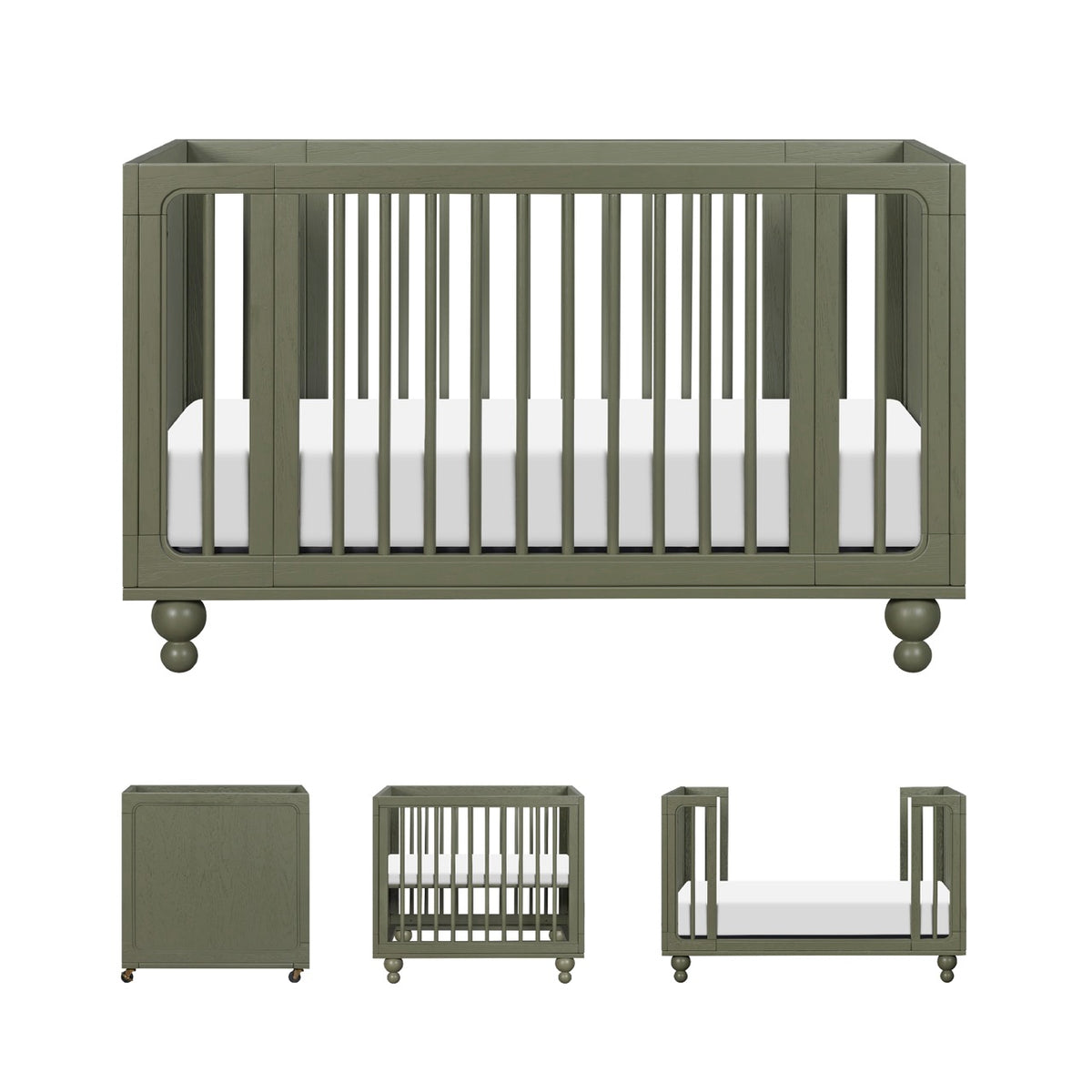 Babyletto olive green convertible crib shown in full size and various conversion configurations