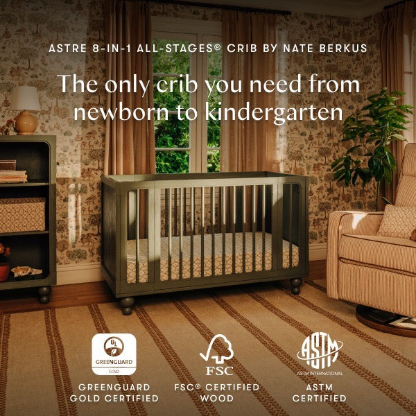 Babyletto Astre 8-in-1 crib in a nursery with Greenguard Gold, FSC, and ASTM certification logos