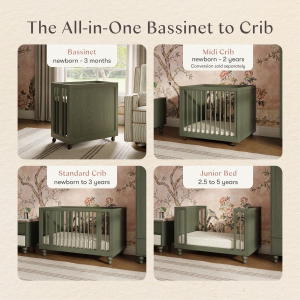 Babyletto bassinet to crib conversion stages showing bassinet midi crib standard crib and junior bed