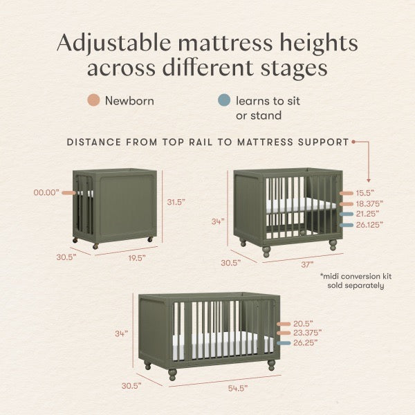 Babyletto crib mattress height adjustment guide showing dimensions for newborn and sitting or standing stages