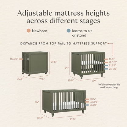 Babyletto crib mattress height adjustment guide showing dimensions for newborn and sitting or standing stages