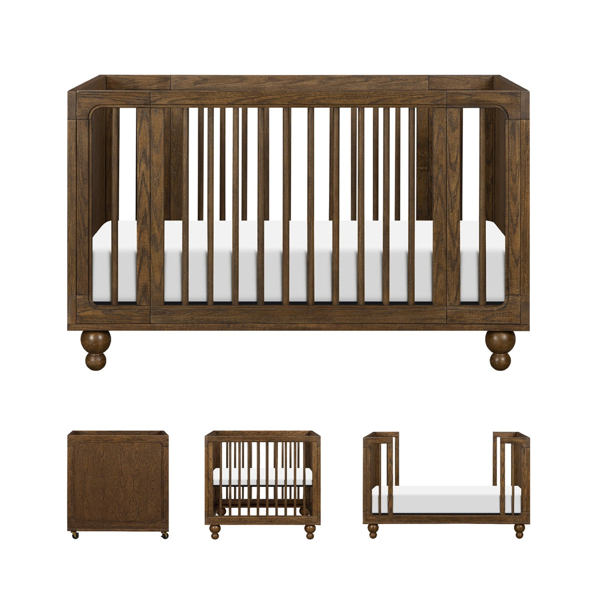 Babyletto wooden crib with slatted sides and ball feet shown in multiple configurations