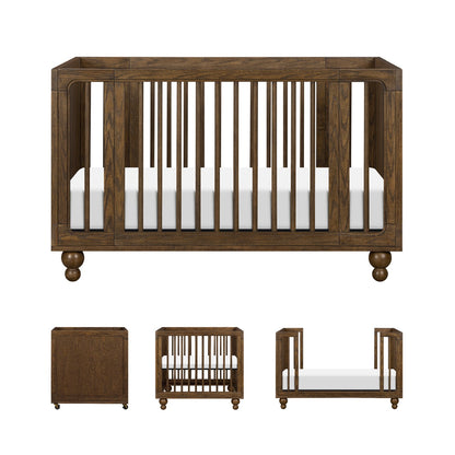 Babyletto wooden crib with slatted sides and ball feet shown in multiple configurations