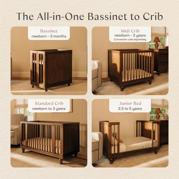 Babyletto bassinet to crib conversion chart showing four stages from newborn to five years
