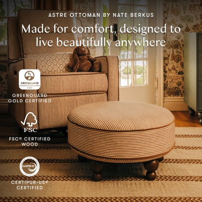 Babyletto Astre ottoman with Greenguard Gold FSC and CertiPUR-US certification logos