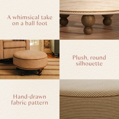 Babyletto round ottoman with striped fabric and wooden ball feet
