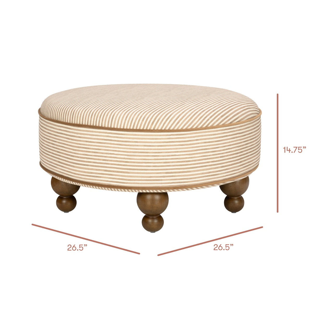 Babyletto round striped ottoman with dimensions 26.5 inches wide and 14.75 inches high