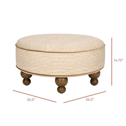 Babyletto round striped ottoman with dimensions 26.5 inches wide and 14.75 inches high