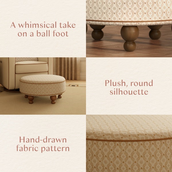 Babyletto round ottoman featuring ball feet and patterned fabric