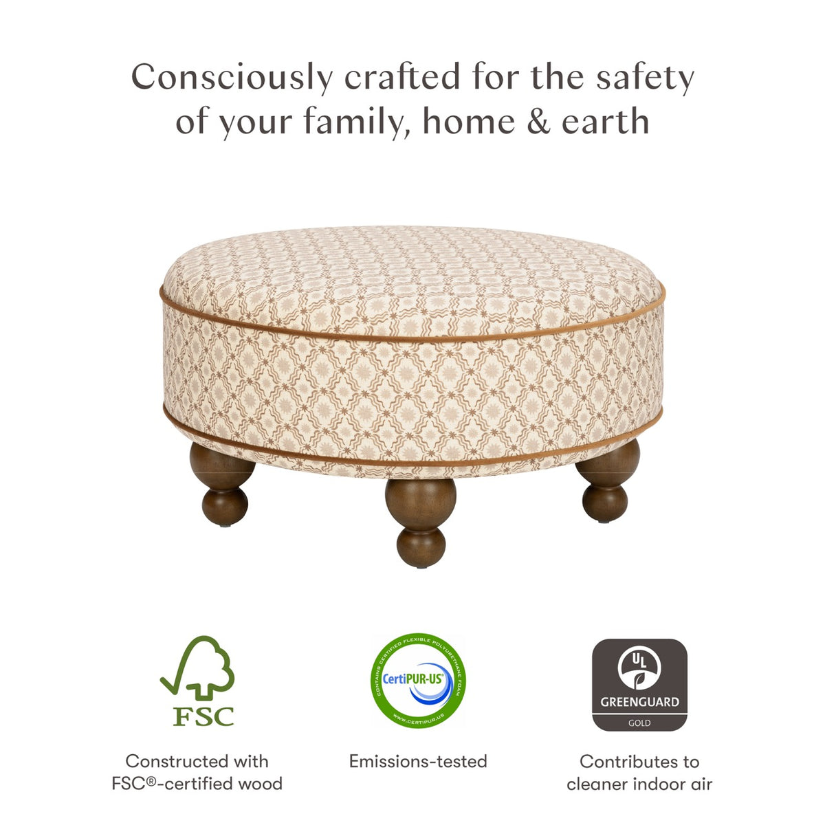 Babyletto round patterned ottoman with wooden ball feet and FSC CertiPUR-US and Greenguard Gold certification logos