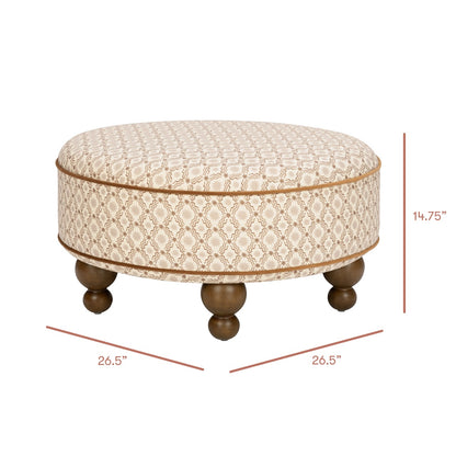 Babyletto round patterned ottoman with dimensions 26.5 inches wide and 14.75 inches high
