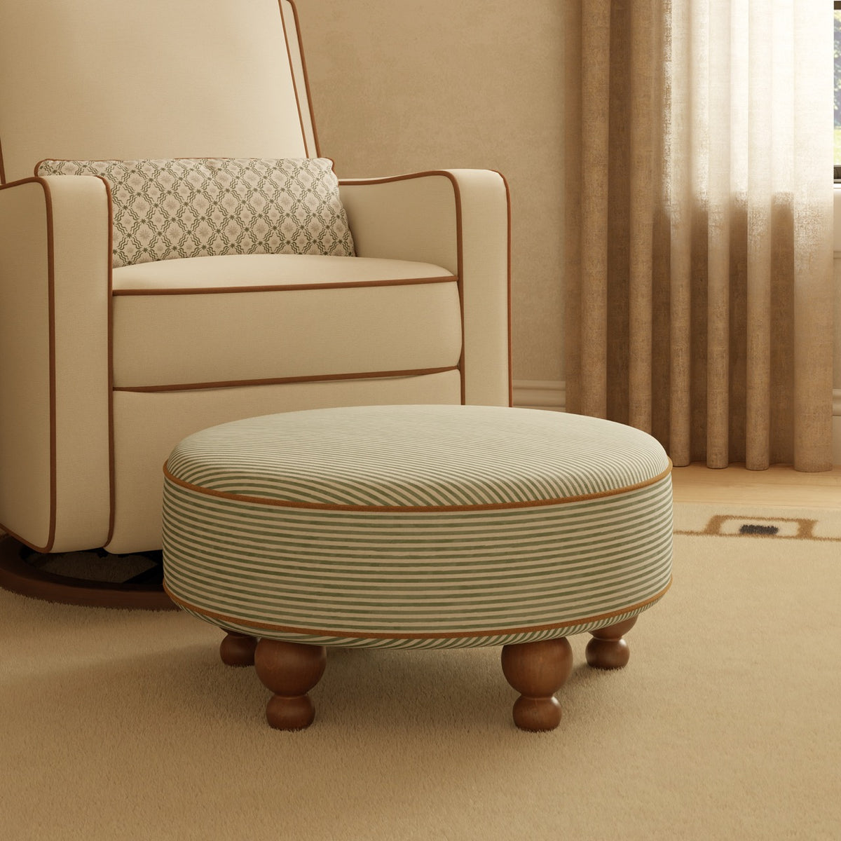 Babyletto round striped ottoman with wooden feet in front of a cream armchair