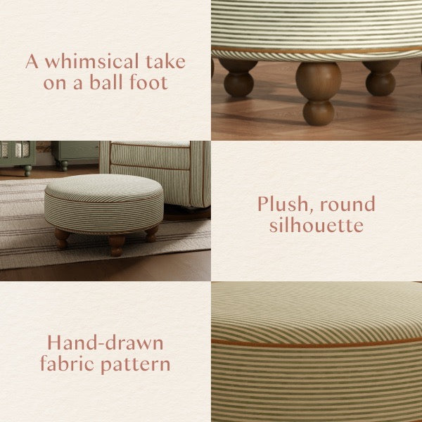 Babyletto round striped ottoman featuring ball feet and hand drawn fabric pattern