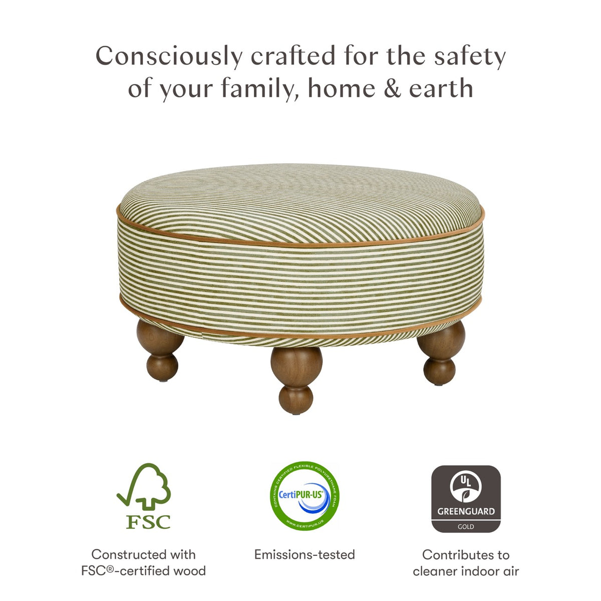 Babyletto round striped ottoman with wooden ball feet and sustainability certification logos